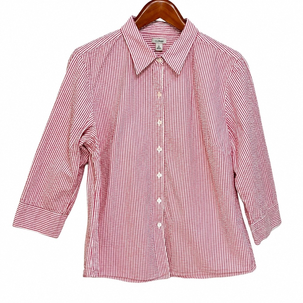 LL Bean Womens Red White Striped Seersucker Button Down Shirt 3/4 Sleeve Large